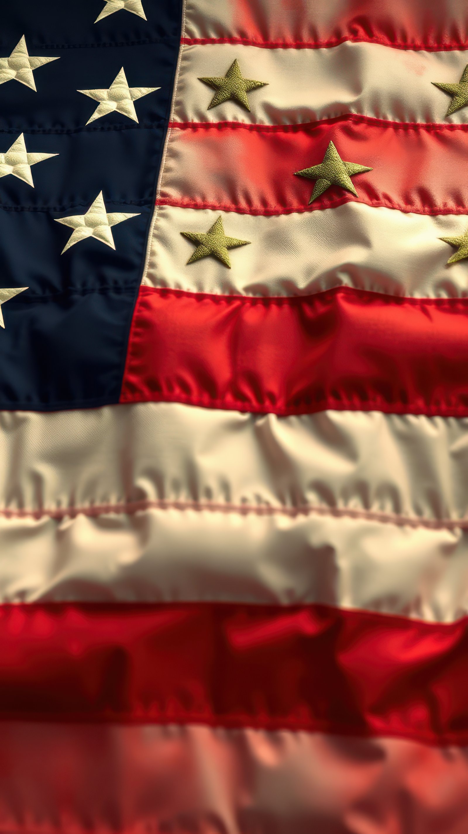 Waving American flag with detailed stars and stripes fabric texture in daylight